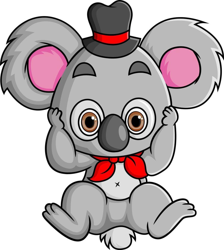 The cute koala is sitting and looking at camera while wearing a cap vector