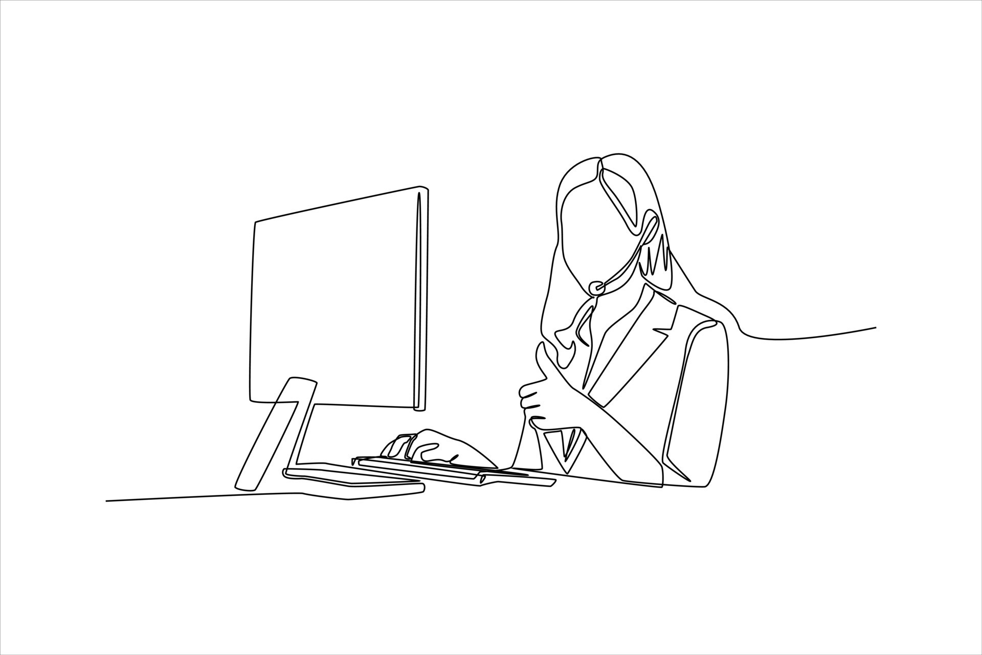 Single one line drawing woman operator with headset and computer makes ...