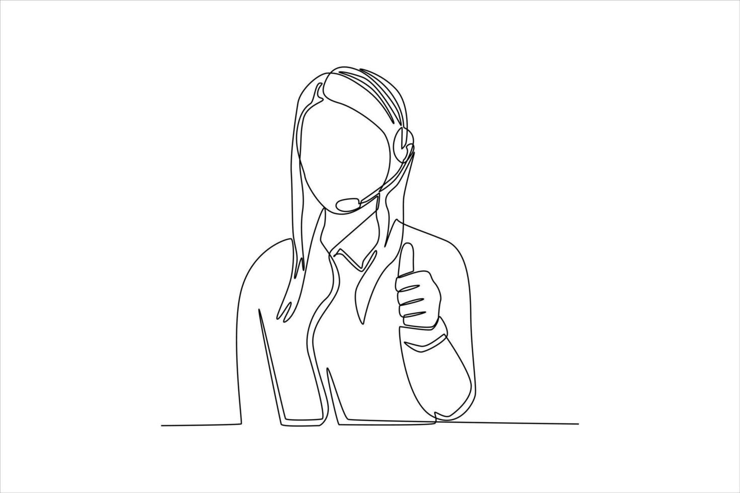 Single one line drawing happy customer support phone operator in headset showing thumbs up gesture. Customer service concept. Continuous line draw design graphic vector illustration.