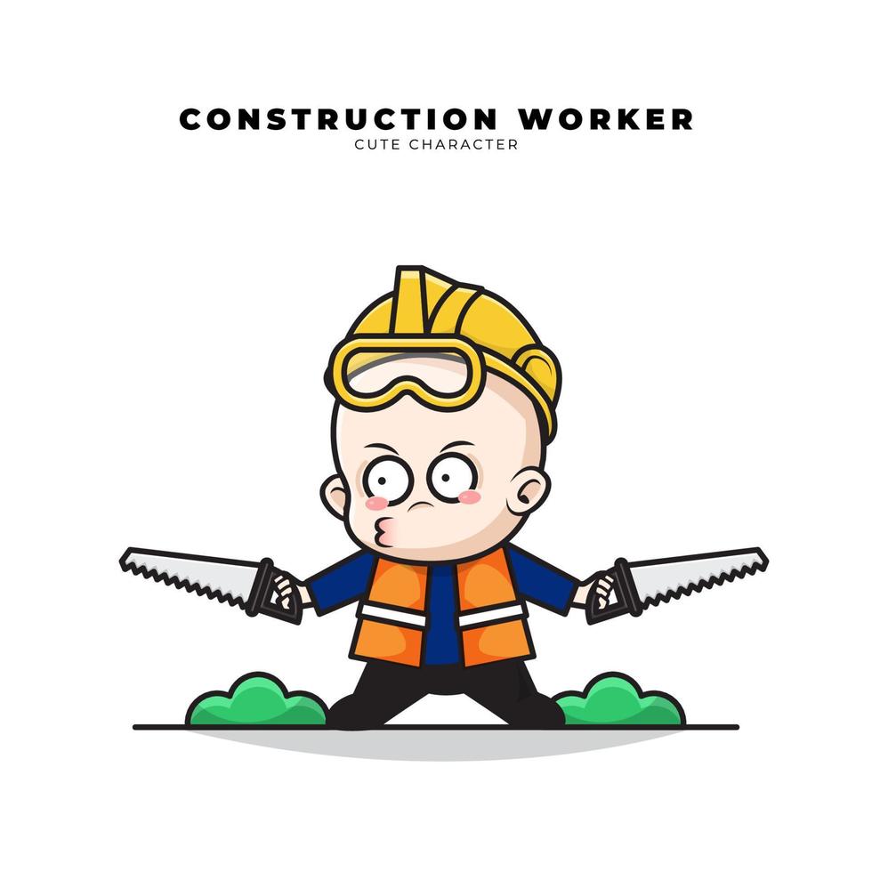 lindo personaje de dibujos animados de un bebé trabajador de la construcción llevaba dos sierras en sus manos vector