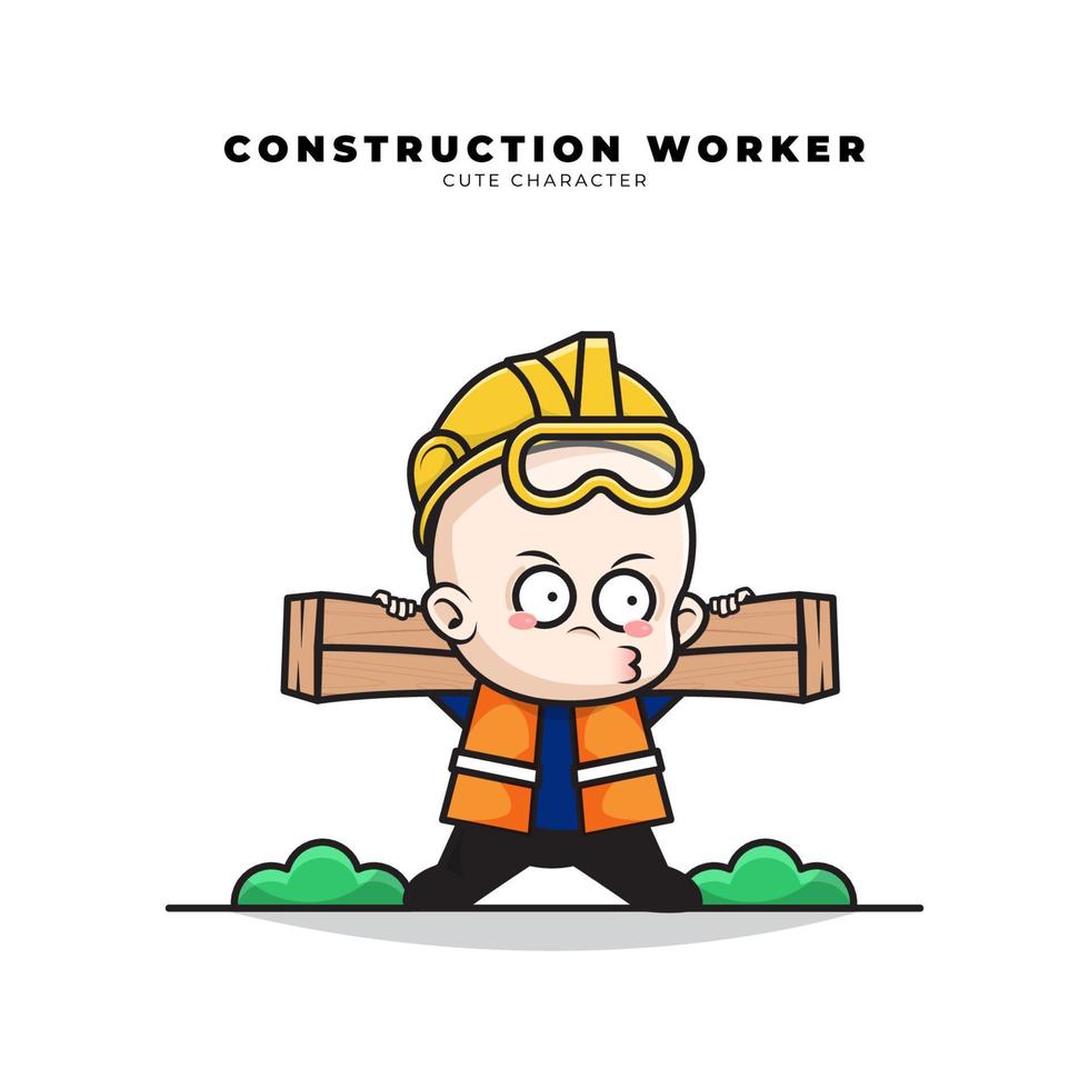 lindo personaje de dibujos animados de un bebé trabajador de la construcción que llevaba madera vector