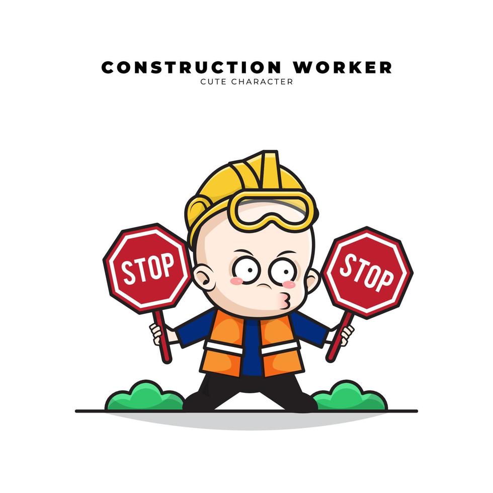 Cute cartoon character of baby construction worker was holding a stop sign in both hands vector