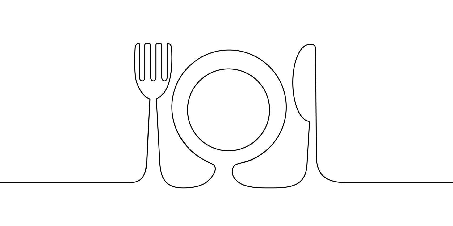 Continuous line drawing of Fork knife and plate on white background. vector