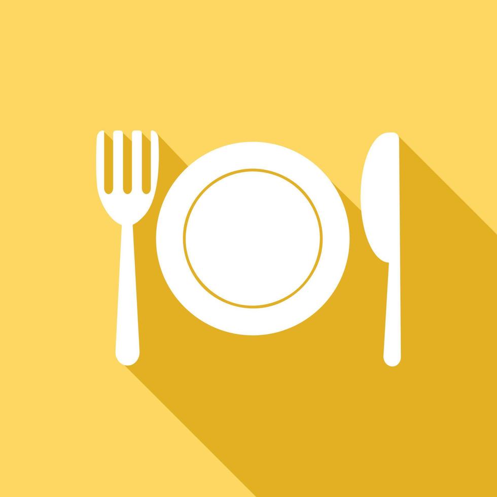 Fork knife and plate icon on yellow background. vector