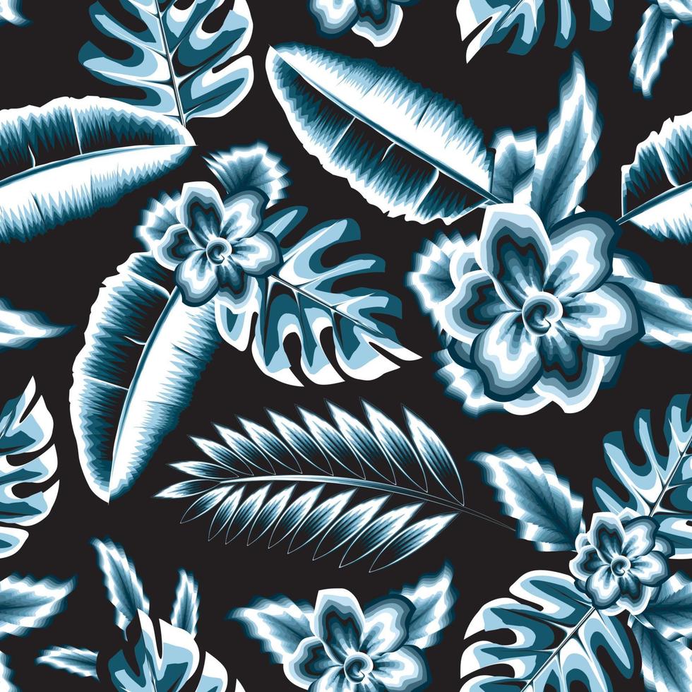 Exotic natural blue plant tropical seamless pattern fashionable with jasmine flower, banana leaves, monstera and fern leaf monochromatic color style on night background. summer texture. spring vector