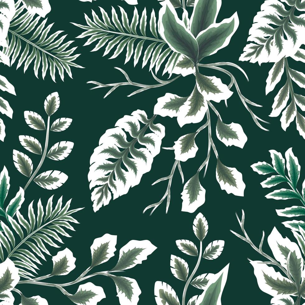 las composiciones de color verde y blanco dejan plantas tropicales de patrones sin fisuras sobre un fondo delicado. plantilla de moda para el diseño. textura de tela o papel tapiz. trópicos exóticos. fondo de la naturaleza vector