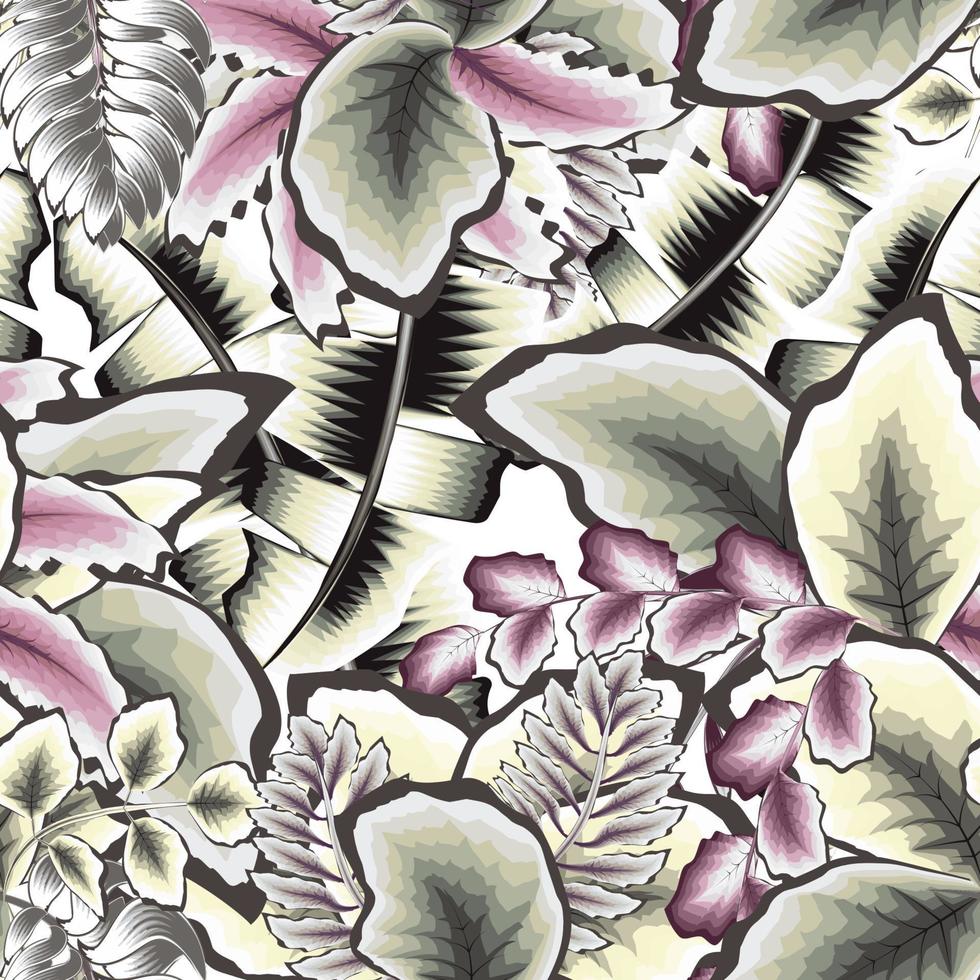 patrón tropical botánico sin costuras con plantas brillantes y hojas sobre fondo blanco. patrón transparente hawaiano colorido de verano con plantas tropicales. imprenta y textiles. papel pintado de la naturaleza. otoño vector