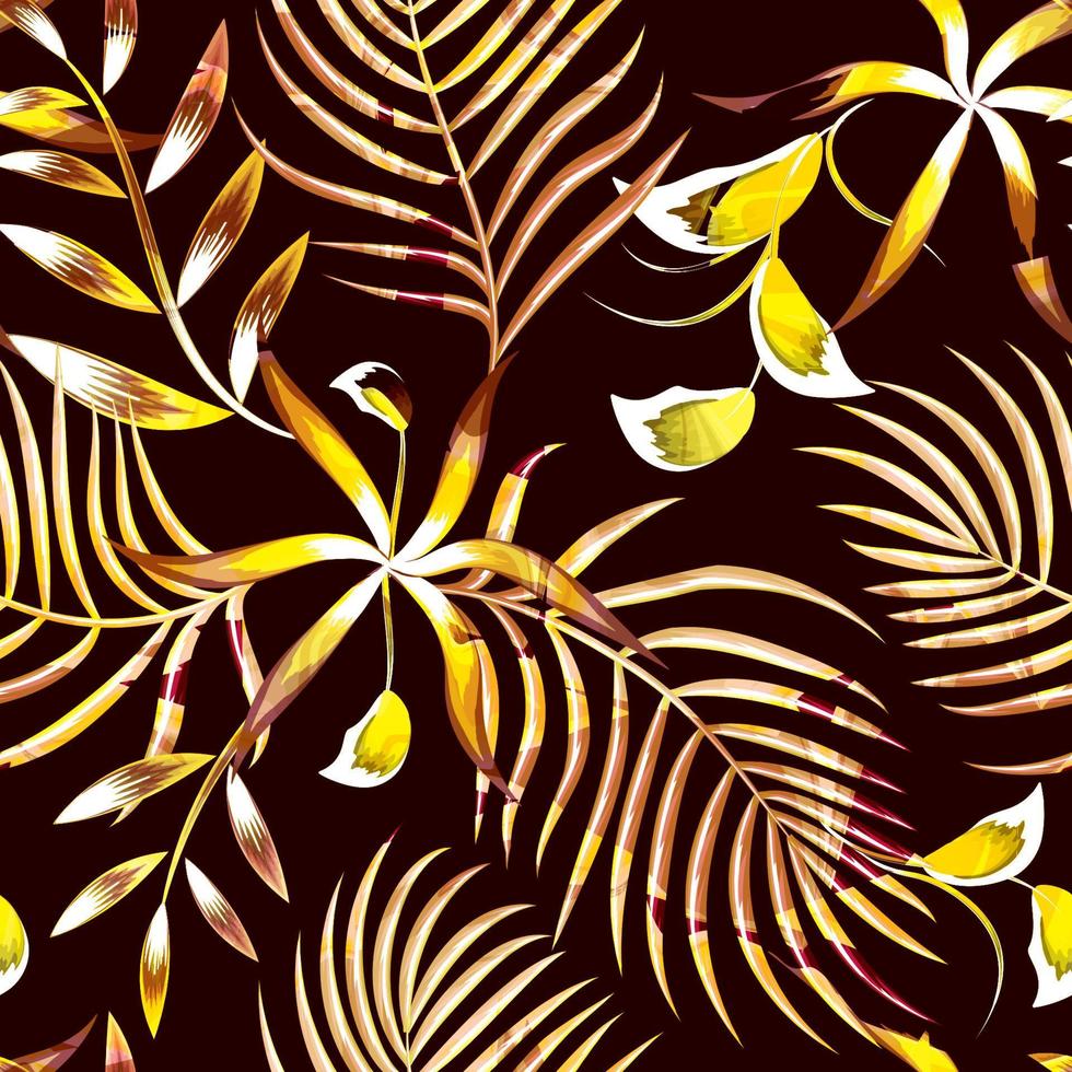 patrón tropical sin costuras con hojas de coco y follaje de plantas sobre fondo negro. colorido floral con estilo. fondo floral. trópico exótico. diseño de verano. papel pintado de la naturaleza. fondo tropical vector