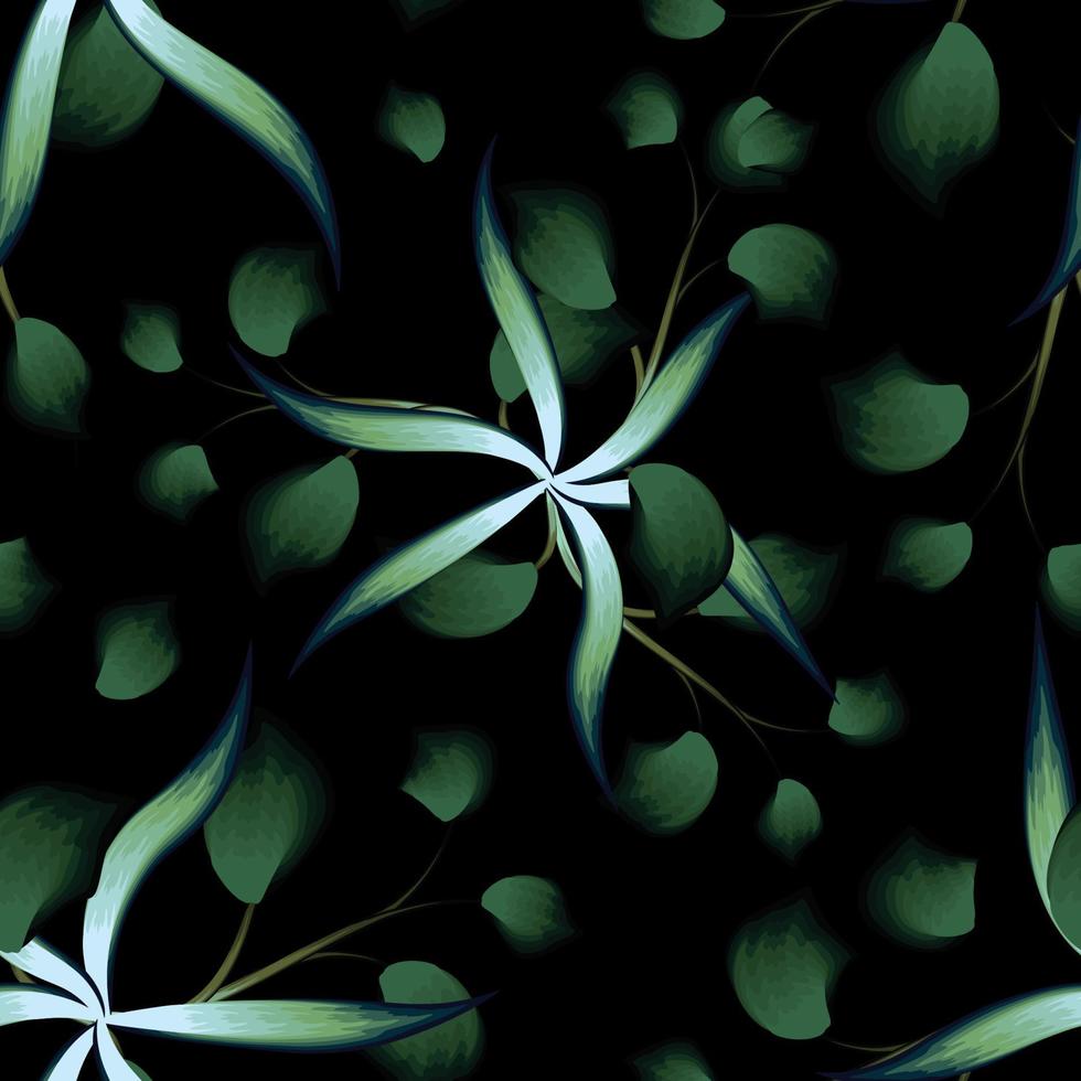 selva exótica nocturna con hojas verdes flores tropicales patrón sin costuras para camiseta de tela. fondo de pantalla de verano fondo negro. fondo floral. diseño vectorial exótico. fondo tropical vector