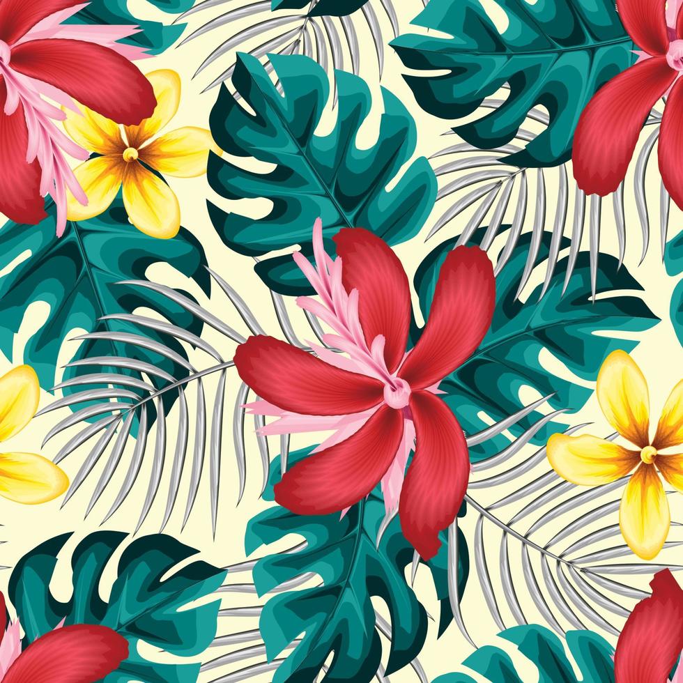 Fashionable seamless tropical pattern with colorful monstera and palm leaves on beige background with yellow abstract frangipani flower drawing for summer shirt texture print. tropical wallpaper vector