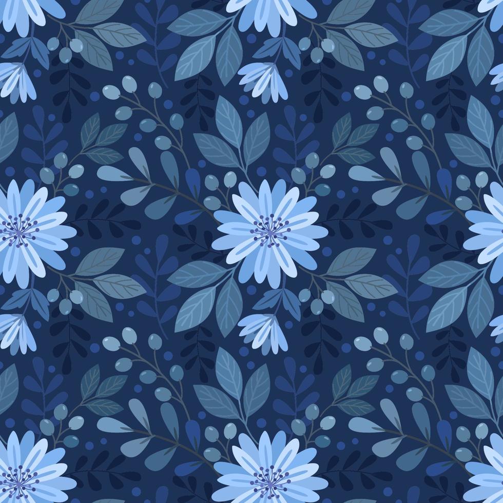 Blue monochrome flowers and leaf seamless pattern. vector