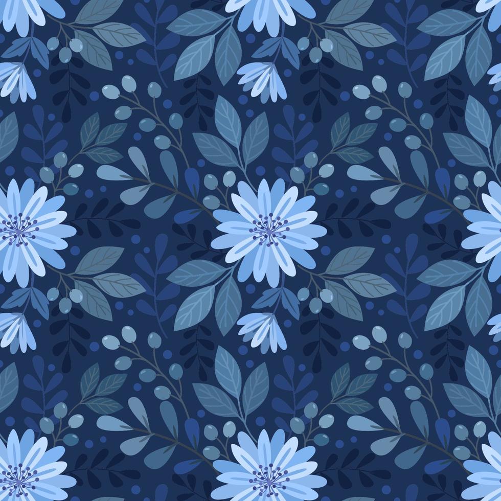 Blue monochrome flowers and leaf seamless pattern. vector