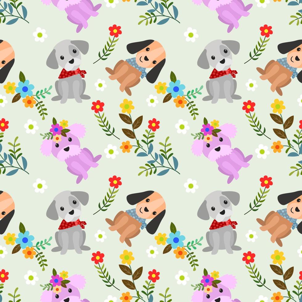 Cute dog with flowers seamless pattern. vector