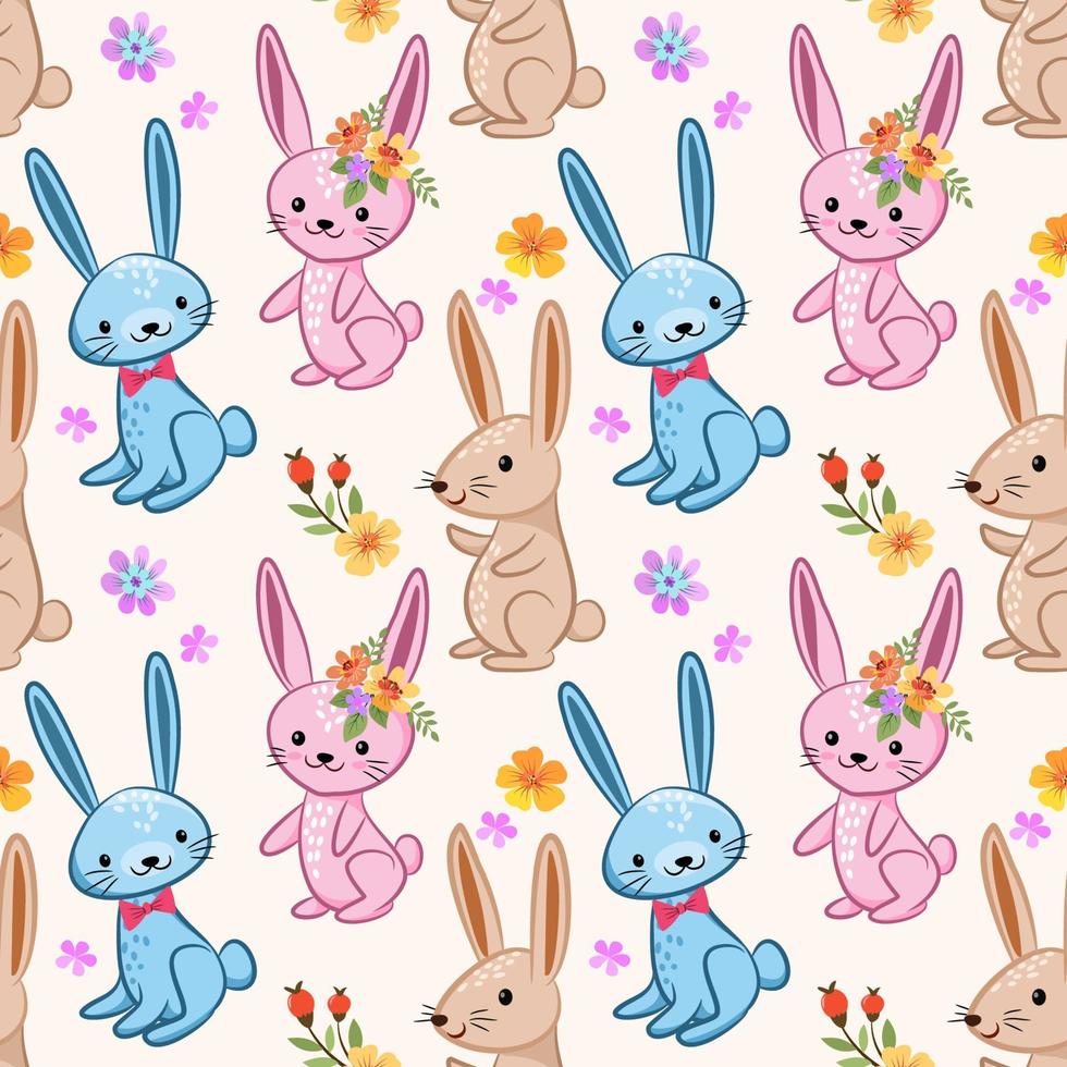 Cute rabbit with flowers seamless pattern. vector