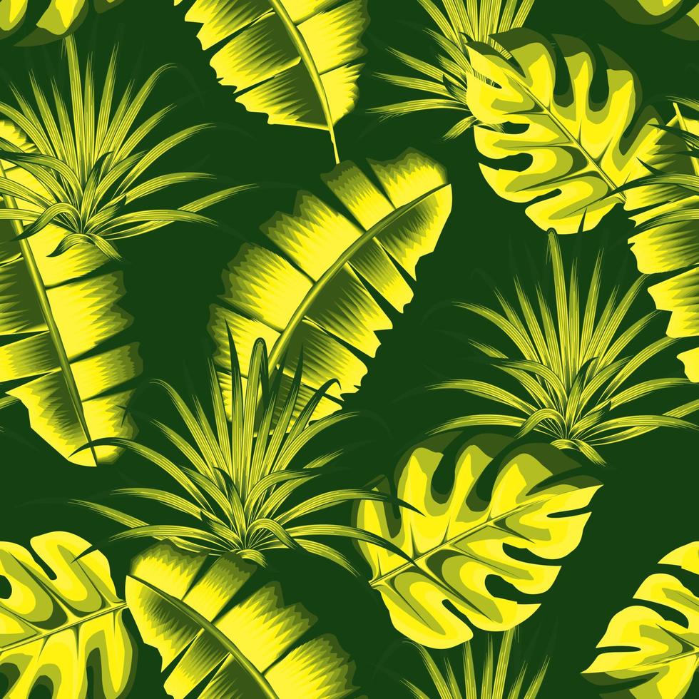 Exotic jungle plants vector illustration pattern with abstract green monochromatic bananas monstera leaves on night background. fashionable texture design. exotic summer themed. nature wallpaper