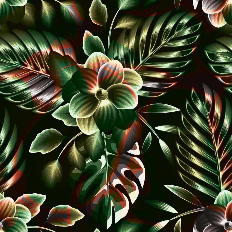 green light tropical monstera plants and palm foliage seamless pattern on night background. flowers pattern. nature decorative. tropical wallpaper. jungle background pattern. Exotic Summer design vector