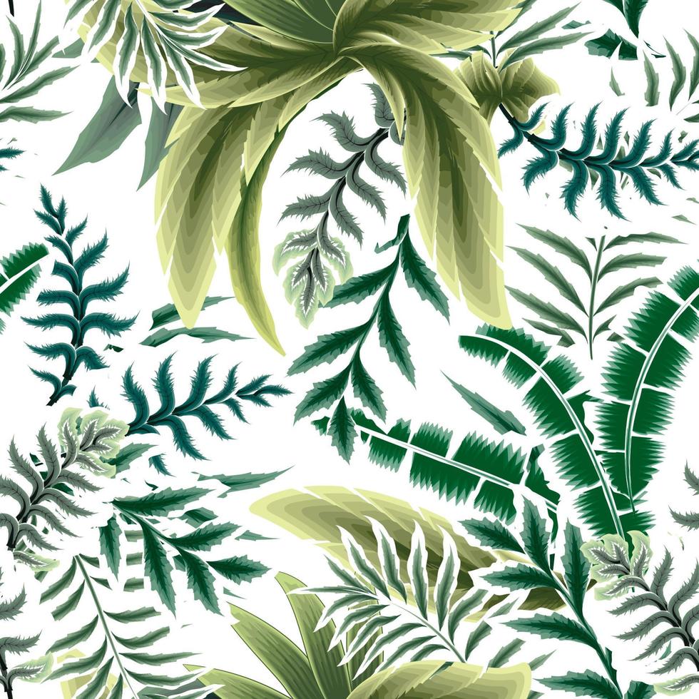 patrón transparente tropical de verano verde con hojas de plantas abstractas y follaje sobre fondo claro. diseño vectorial impresión de la selva. fondo floral. trópicos exóticos. diseño de verano vector