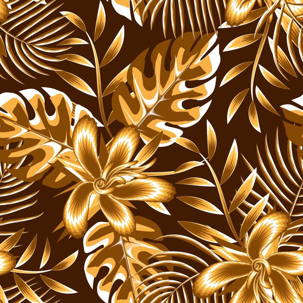 monstera leaf and palm tropical leaves seamless pattern plants with monochromatic gold color abstract flower vector. tropical floral background. fashionable texture. summer decorative vector
