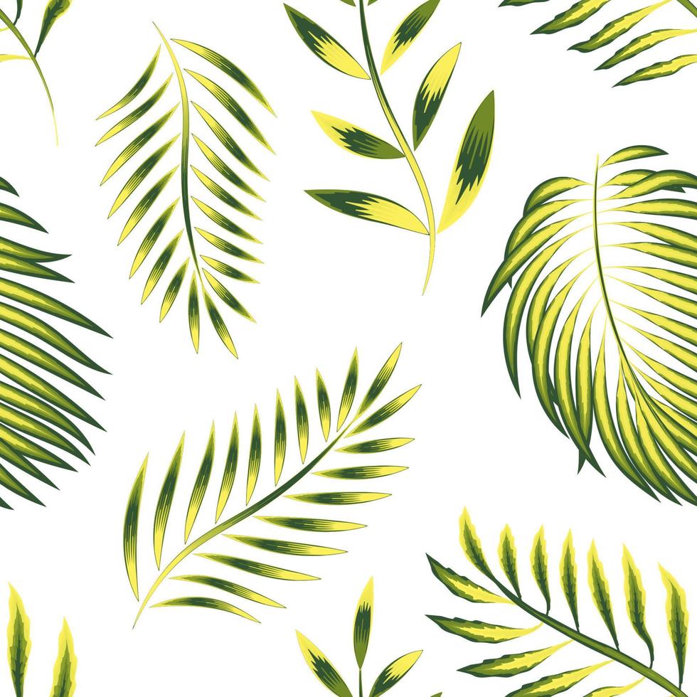 hojas verdes helecho de patrones sin fisuras tropicales y hoja de palma con plantas de combinación de color amarillo sobre fondo blanco. diseño de camisa de verano en la playa. impresión de la selva. verano exótico. elementos tropicales vector