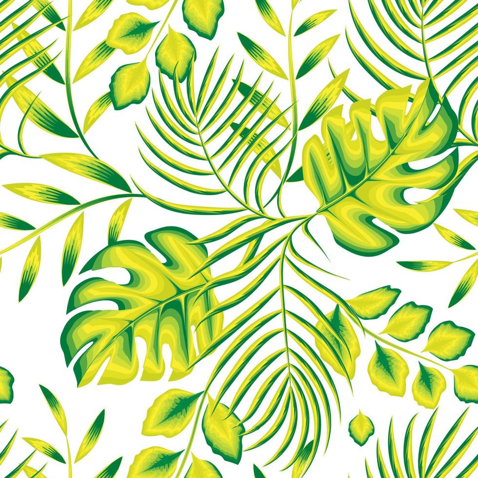 Exotic jungle plants illustration seamless pattern with green monstra leaves and palm leaf on white background. tropical seamless wallpaper. fashionable print texture. exotic summer. autumn wallpaper vector