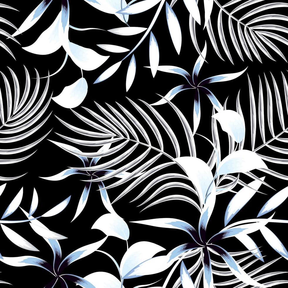 Tropical leaves hand drawn seamless pattern. Botanical trendy design in blue and white colors. Design for fabric, wallpaper or wrap papers. Dark background. summer design. prints texture. nature vector