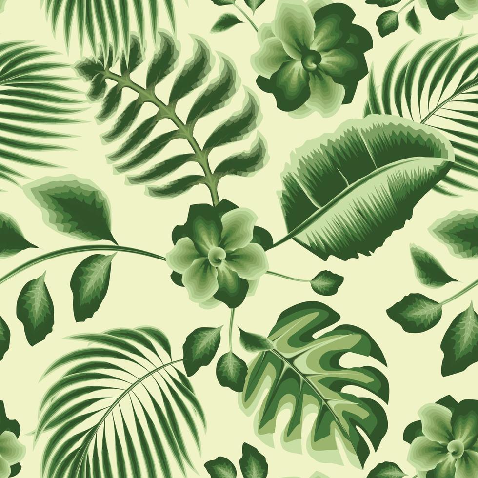 papel tapiz de naturaleza verde vintage sin costuras con hojas de plátano monocromáticas, hoja de palma y flor de jazmín sobre fondo beige. diseño botánico. trópico exótico. fondo tropical. otoño vector