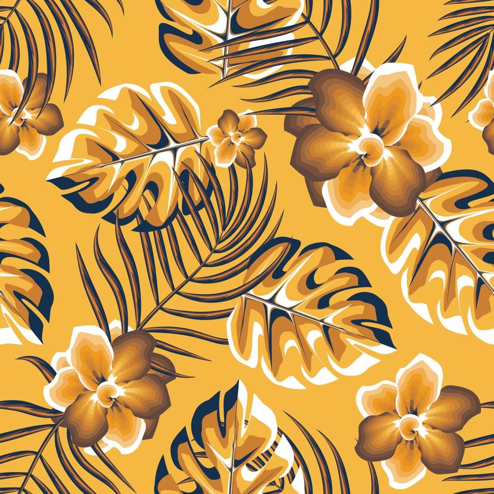 summer tropical seamless pattern fashionable texture for shirt cloth with monstera palm leaves plant and jasmine flower on orange background. vector design. autumn wallpaper. spring. Exotic