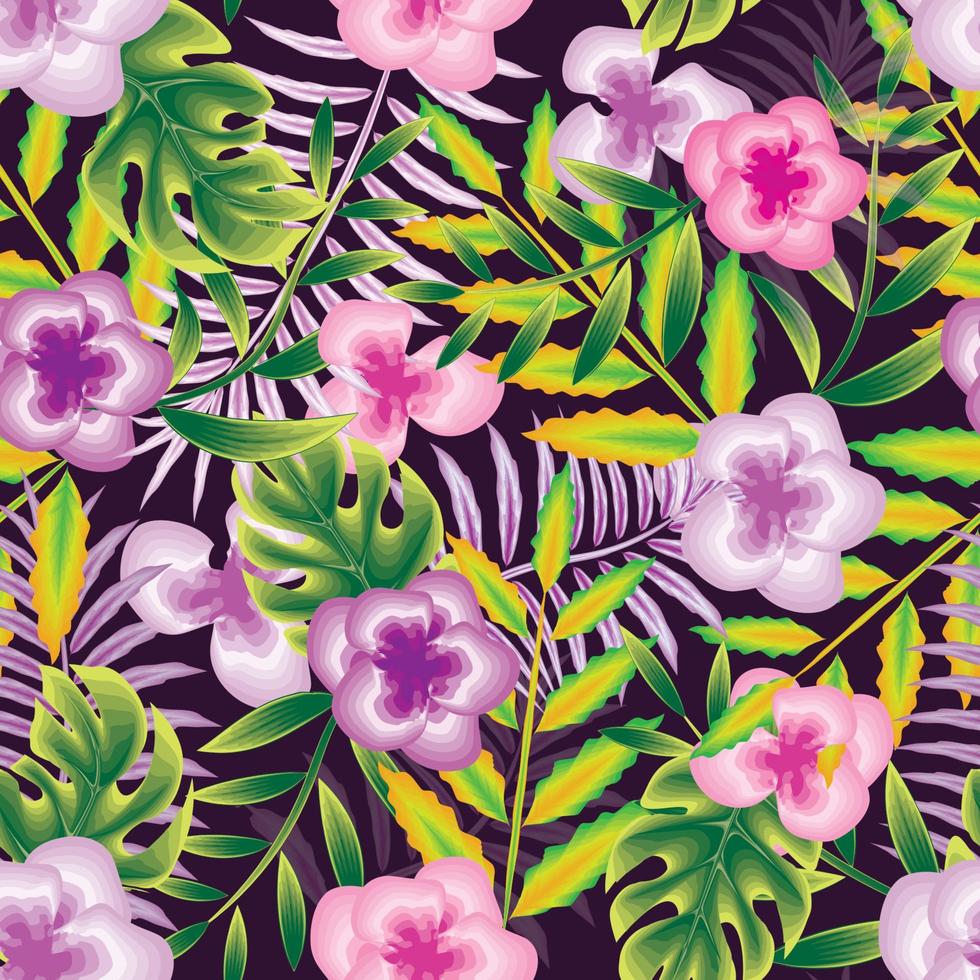 colorful tropical flowers seamless pattern with palm leaves and monstera plants on dark background fashionable. floral background. exotic summer. jungle print. beautiful flowers vector