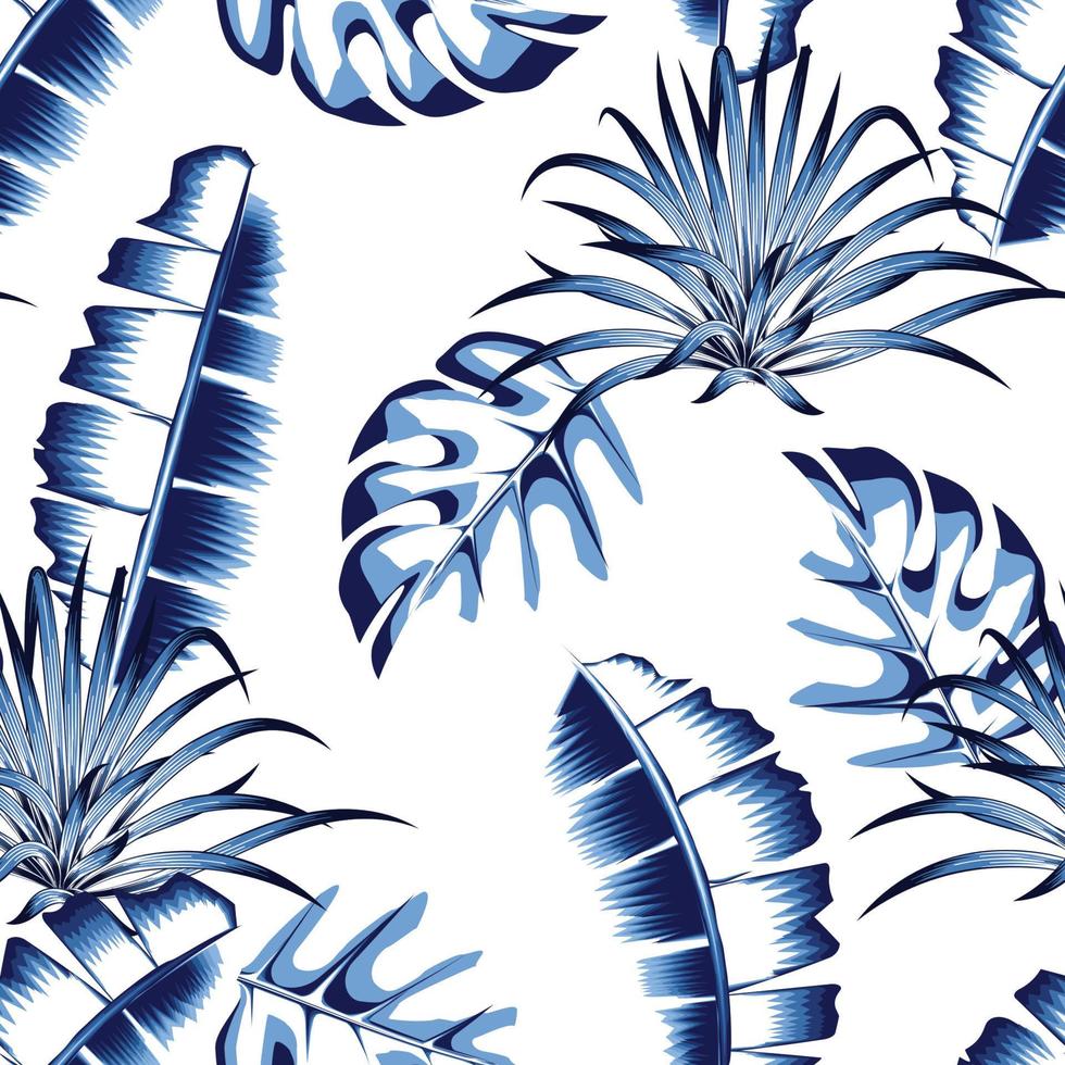 estampado de textura de tela de moda para camisa con hoja de plátano azul y hojas de monstera patrón sin costuras de plantas tropicales. temática monocromática de verano. selva exótica. naturaleza decorativa. papel pintado tropical vector