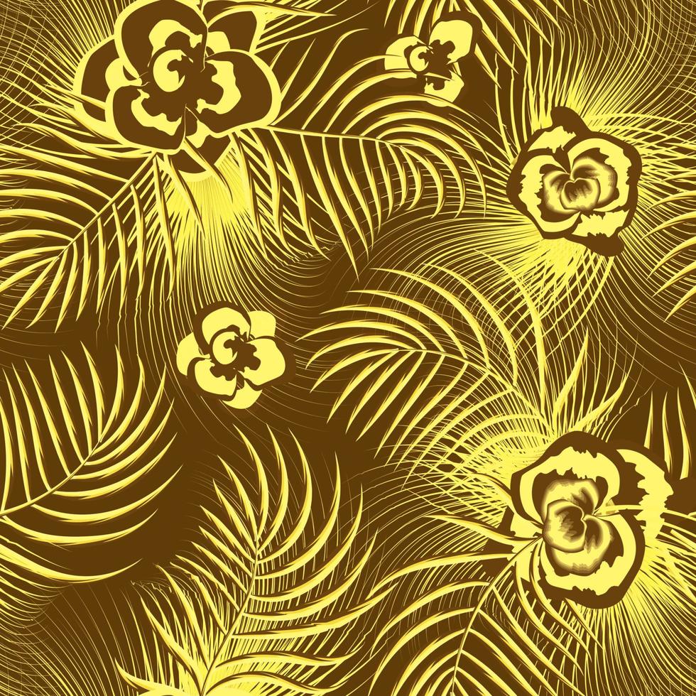 patrón tropical de verano sin costuras con plantas de hojas de palma abstractas y flores sobre fondo marrón. diseño vectorial impresión de la selva. fondo floral. papel pintado de la naturaleza. fondo tropical. decorativo vector