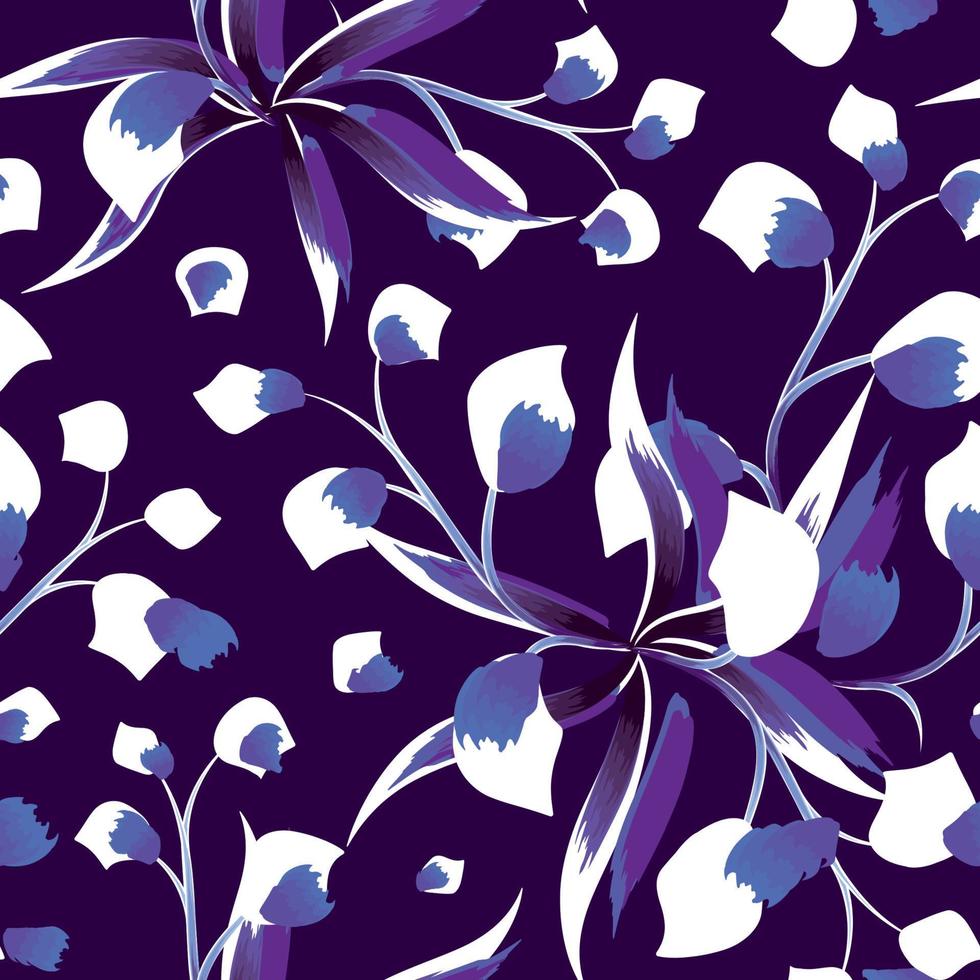 patrón tropical abstracto sin costuras con hojas de plantas moradas y follaje sobre fondo oscuro. fondos florales. papel pintado exótico. fondo de la naturaleza. papel pintado tropical vector