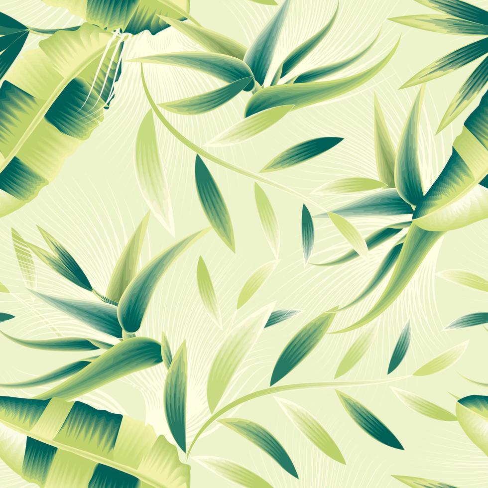 tropical floral strelitzia with colorful abstract banana plants leaves seamless pattern on green light background. floral wallpaper. exotic summer. nature background. tropical background vector