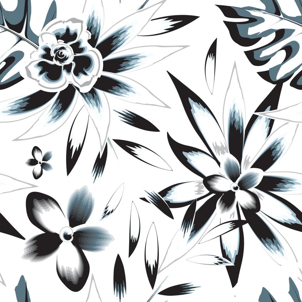 patrón sin costuras de temática tropical abstracta de verano con flores de frangipani y plantas de hojas de monstera sobre fondo blanco para tela de camisa. vectorial en blanco y negro. acuarela con estilo. papel pintado de la naturaleza vector