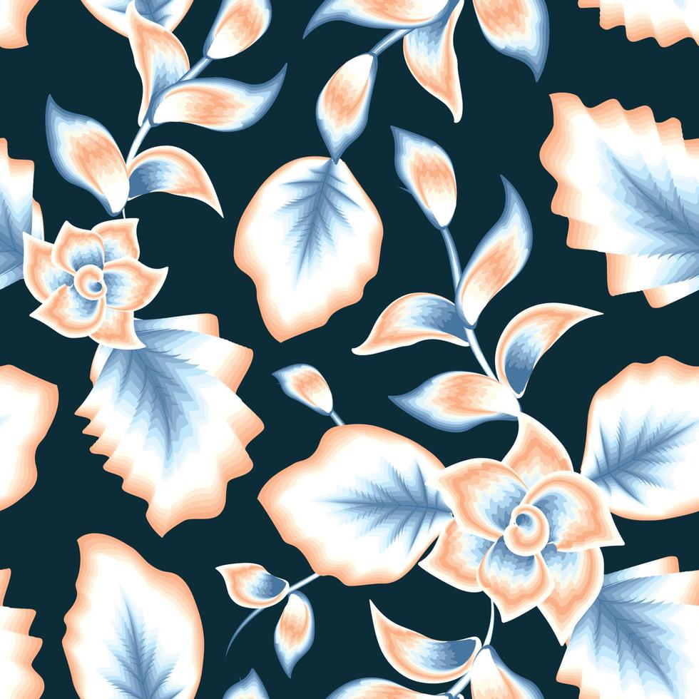 patrón sin costuras de flores tropicales de moda con hojas de plantas coloridas y follaje sobre fondo oscuro. diseño de camisa de verano en la playa. trópicos exóticos. fondo floral. papel pintado de la naturaleza vector