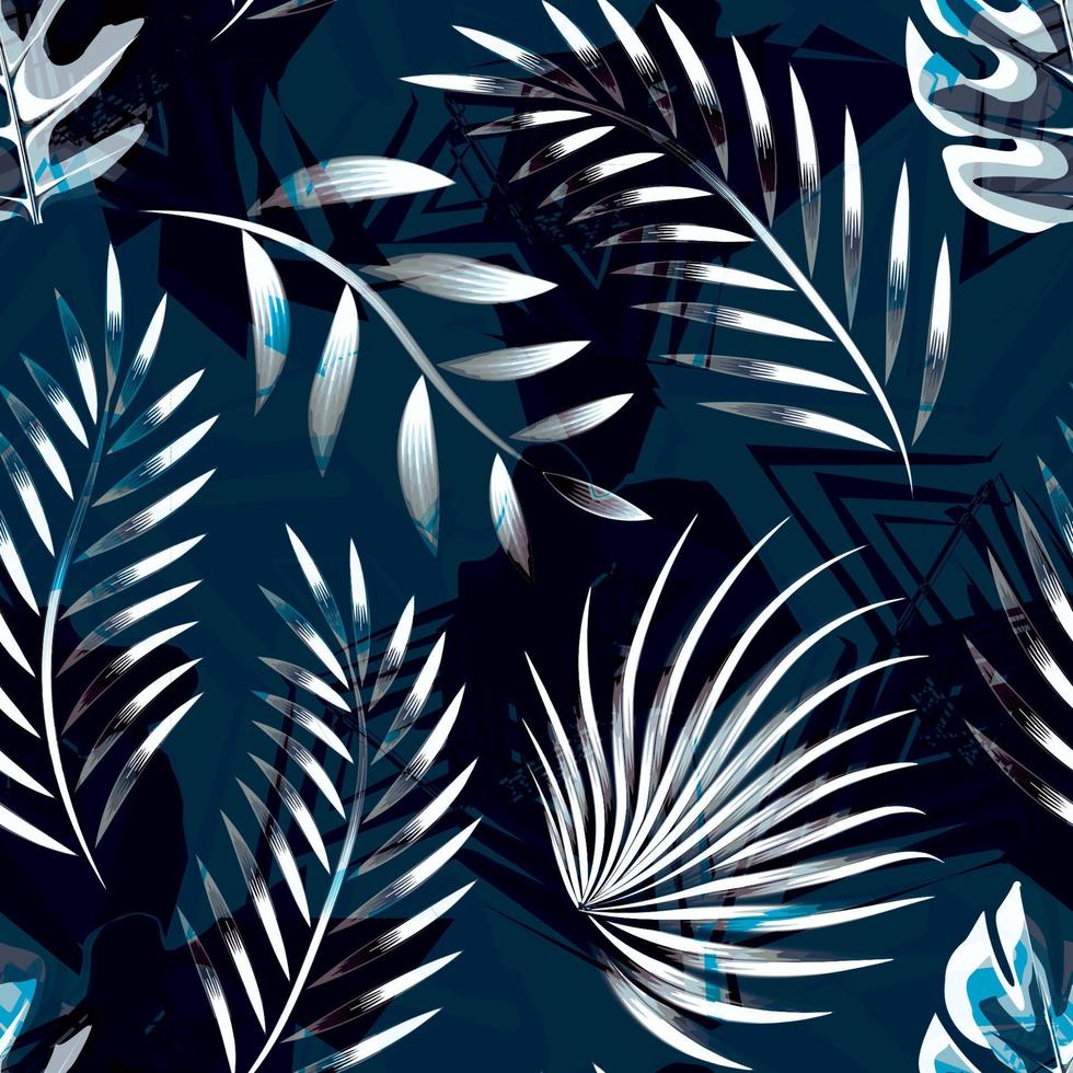 abstract blue palm leaves and foliage seamless pattern on dark background. tropical pattern. fabric prints texture. nature abstract design. tropical wallpaper. Exotic tropics. Summer design vector