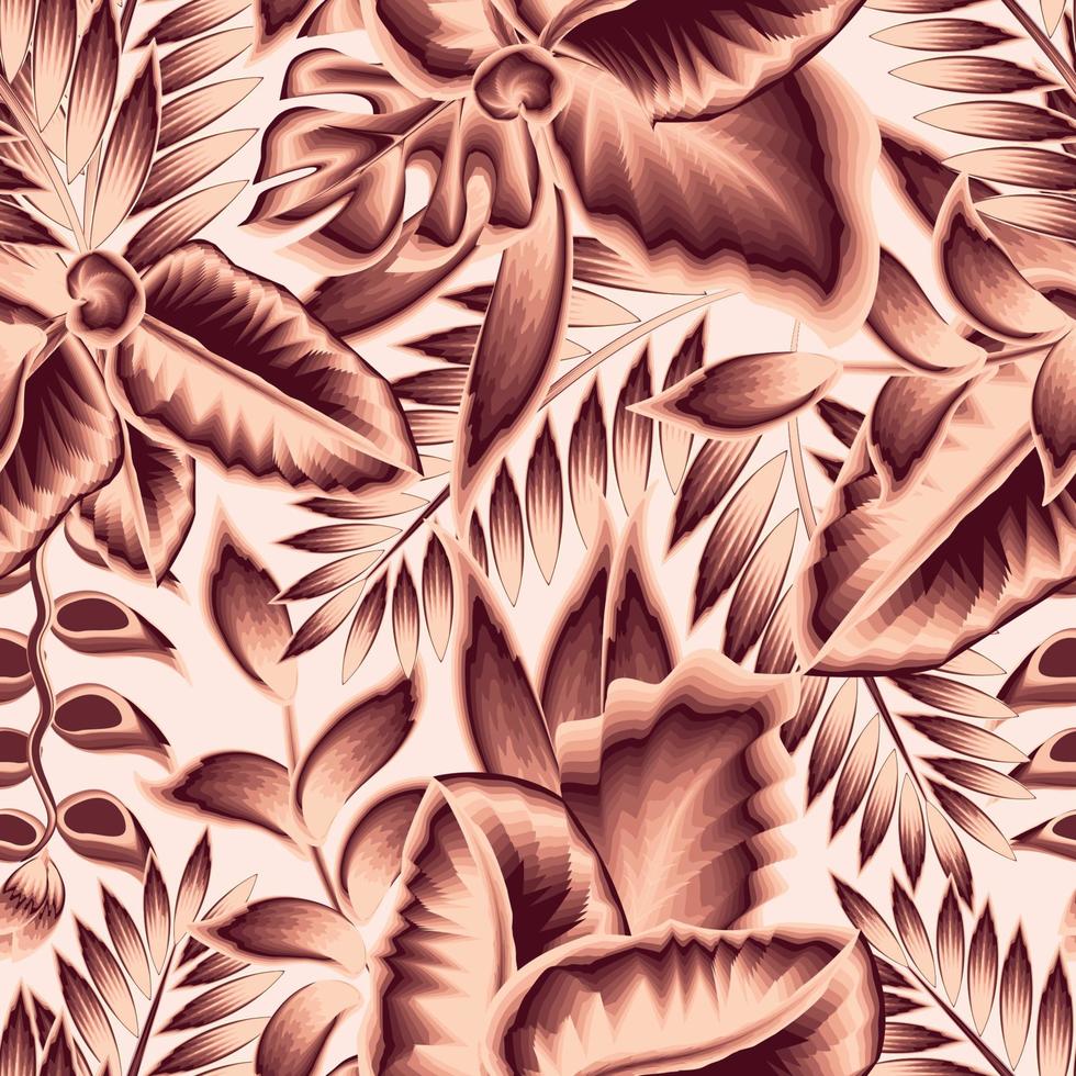 brown monochromatic foliage seamless pattern with tropical plants and leaves on beige background. Beautiful Trendy summer print. Vintage nature background. tropical background. autumn vector