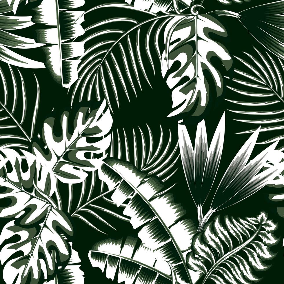 hojas de palma de plátano verde claro patrón sin costuras con plantas monocromáticas de monstera tropical y follaje sobre fondo oscuro. fondo de pantalla de la jungla exótica. fondo del bosque papel pintado de la naturaleza vector