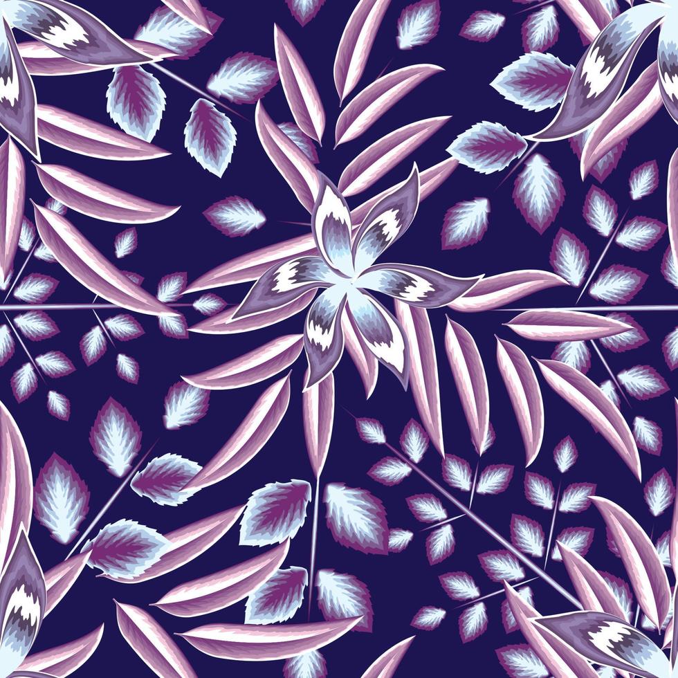 Fashionable seamless tropical pattern with bright violet plants leaves and abstract flower on night background fashionable. Exotic jungle wallpaper. floral background. summer vector