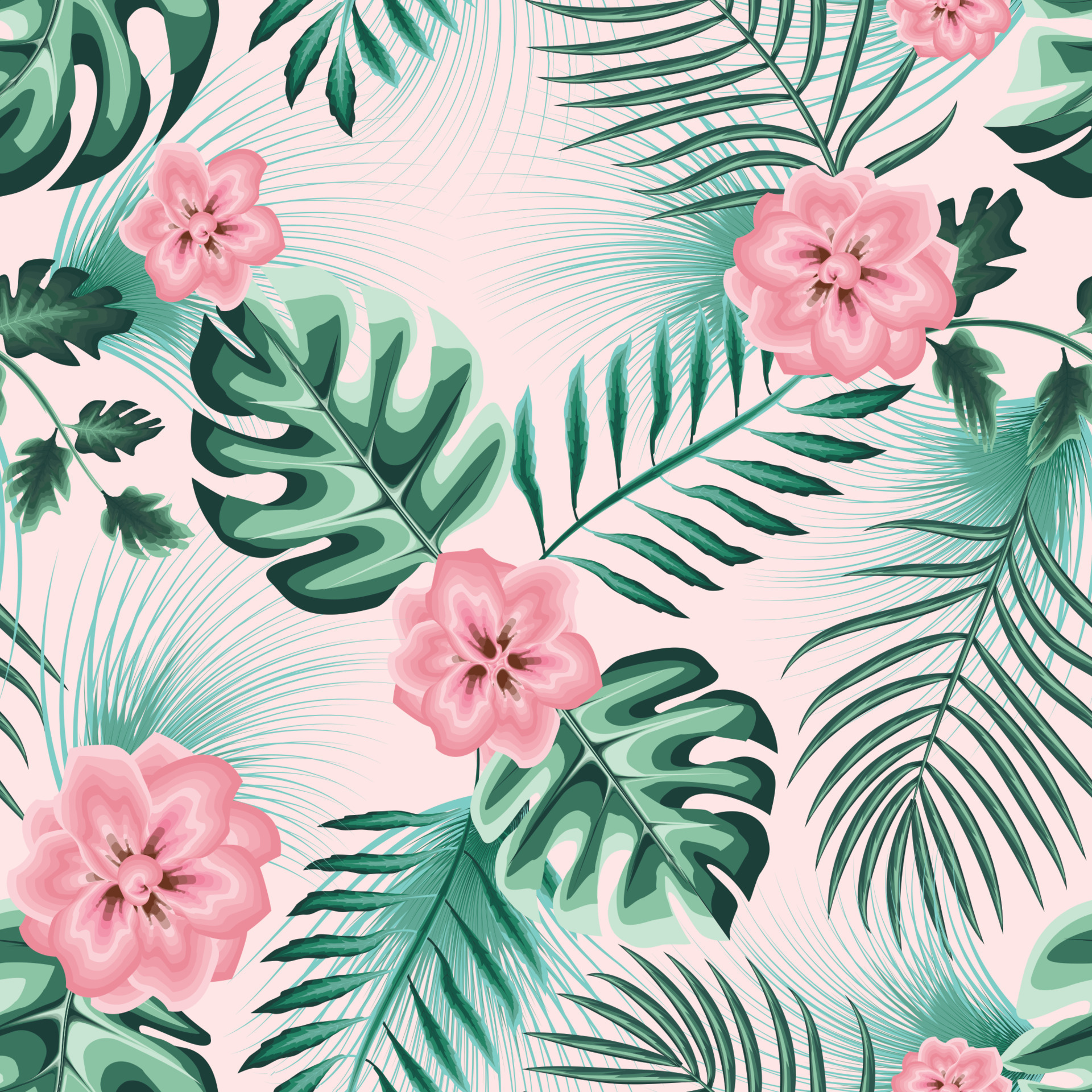 Trend abstract seamless pattern with colorful tropical fern leaves and plants on pastel