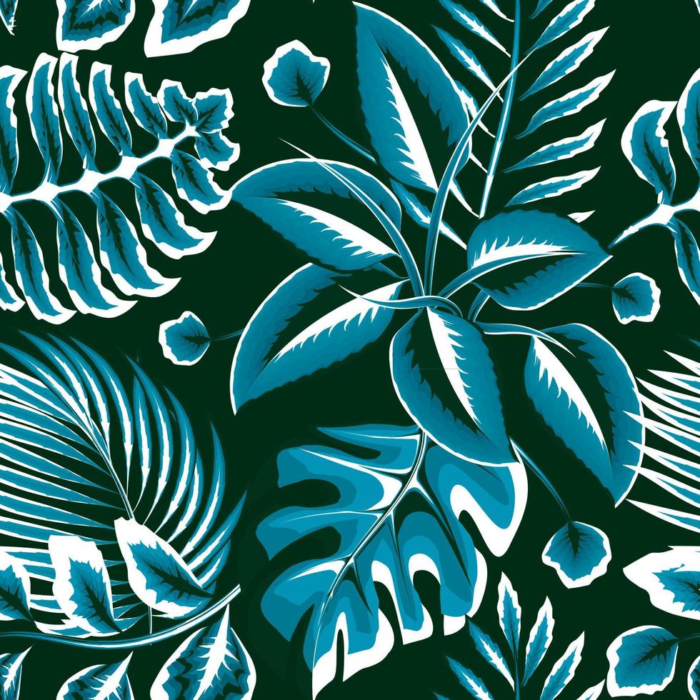 vintage abstract rainforest seamless tropical pattern with monochromatic blue fern leaves, monstera plants, and palm leaf on night background. Jungle foliage illustration. nature wallpaper vector