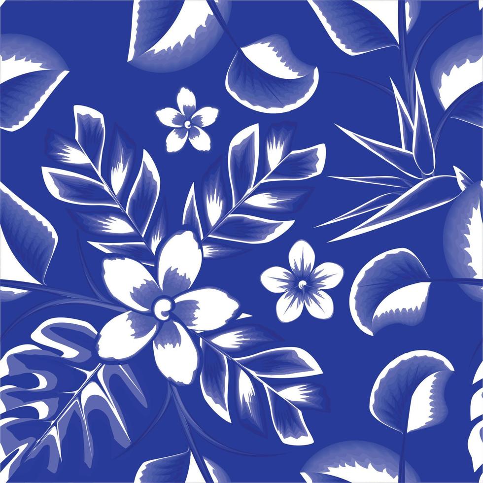 Exotic jungle plants illustration pattern with blue abstract monochromatic frangipani flower, strelitzia and monstera leaves. Fashionable template for design. summer design vector themated. autumn