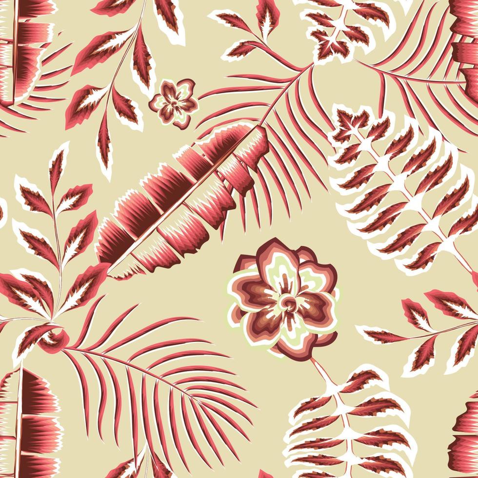 Tropical exotic flowers and leaves seamless pattern with botanical plant and branch foliage. endless motif for textile and decoration design. fashionable texture. exotic summer. jungle wallpaper vector