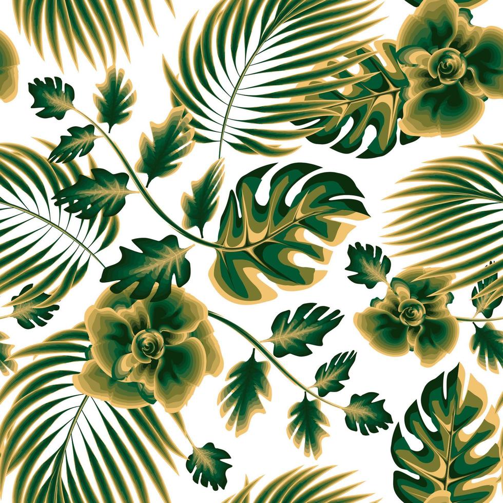 patrón tropical vintage sin costuras con planta de monstera verde y hojas de palma al sol de la tarde sobre fondo blanco. diseño vectorial fondo floral. verano tropical exótico. textura de moda vector