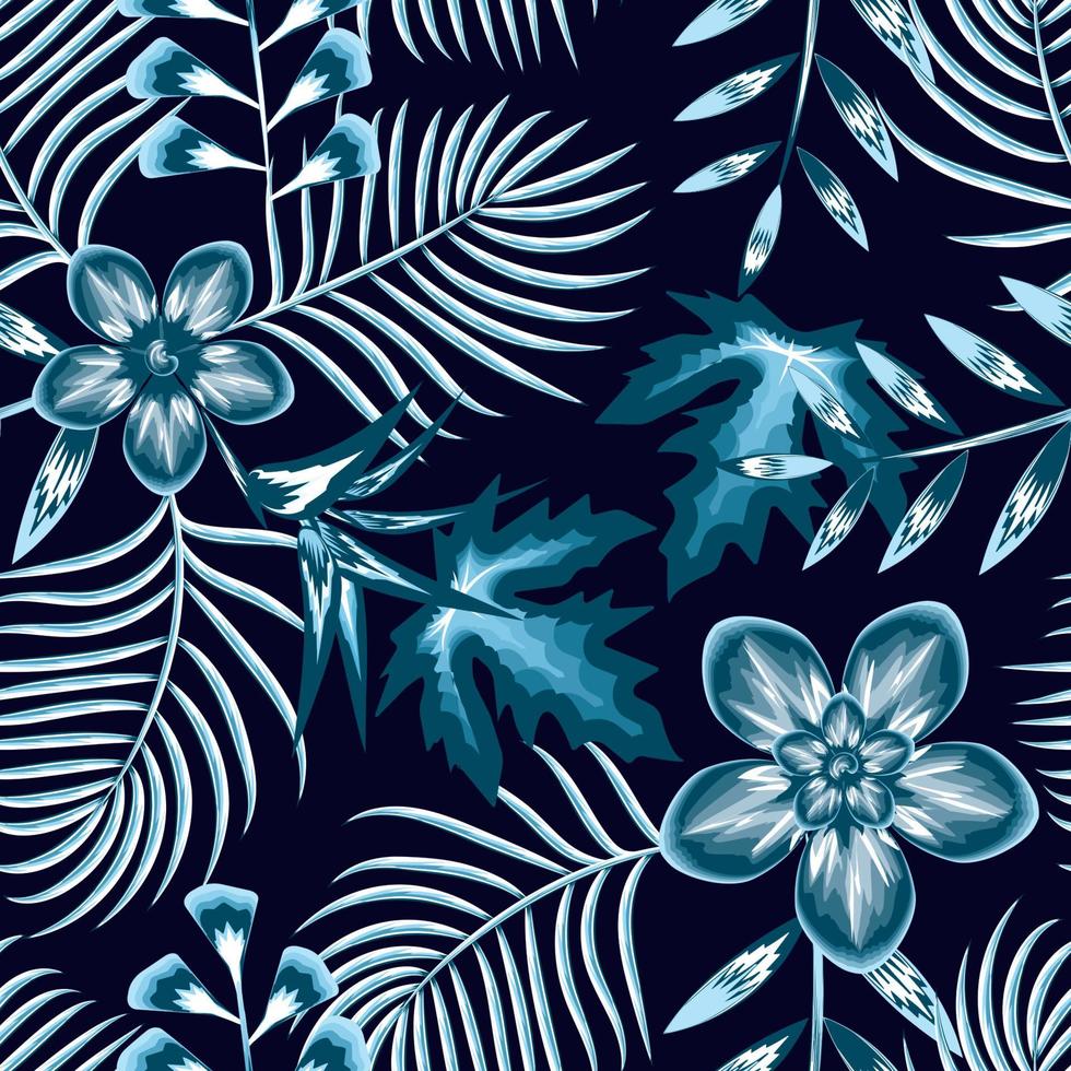 blue monochromatic tropical seamless pattern with nature palm leaves and frangipani flower on night background. summer vector design. fashionable texture. exotic floral background. nature wallpaper