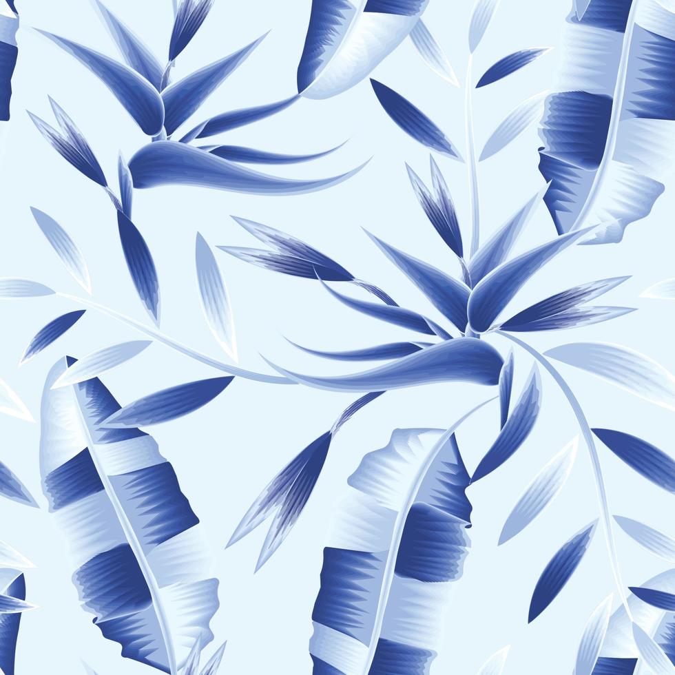 diseño de vector de fondo azul cielo con hermosa elegancia flor de ave del paraíso y hojas de plátano plantas tropicales de patrones sin fisuras de moda. diseño de verano. trópicos exóticos. impresión de la selva. otoño