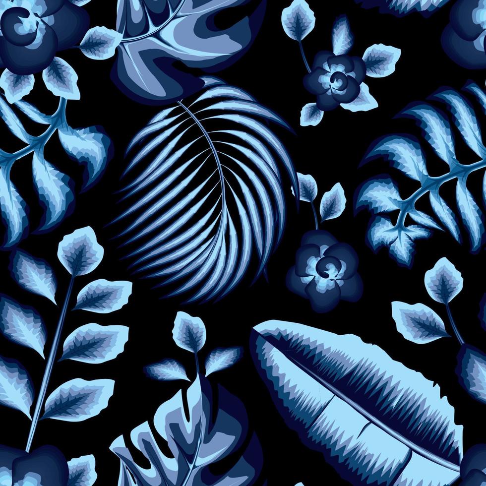 patrón transparente de naturaleza azul marino con hojas de plátano tropical y hojas de coco, monstera y follaje de plantas sobre fondo negro. papel pintado de la naturaleza. patrón de la selva. trópicos exóticos. diseño de verano vector