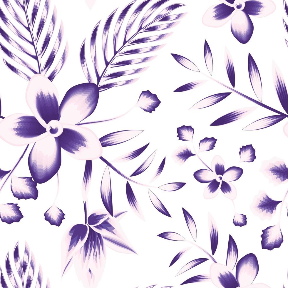 monochromatic Botanical seamless tropical pattern with purple palm leaf, frangipani flower plants and leaves on white background. floral pattern. vintage wallpaper. tropical background. nature vector