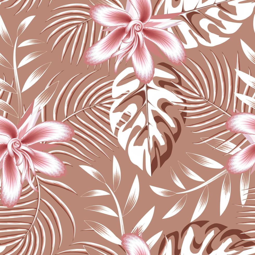 summer seamless tropical pattern fashionable texture print with pink monstera leaves, palm leaf and pink abstract flowers on pastel background. exotic tropics. jungle print. nature background vector