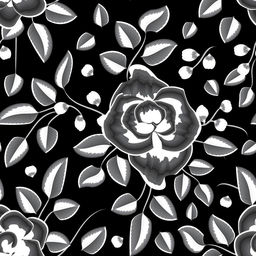 black and white monochromatic tropical floral seamless pattern on dark background. floral background. print and textiles. Vector design. fabric texture decorative. nature wallpaper.
