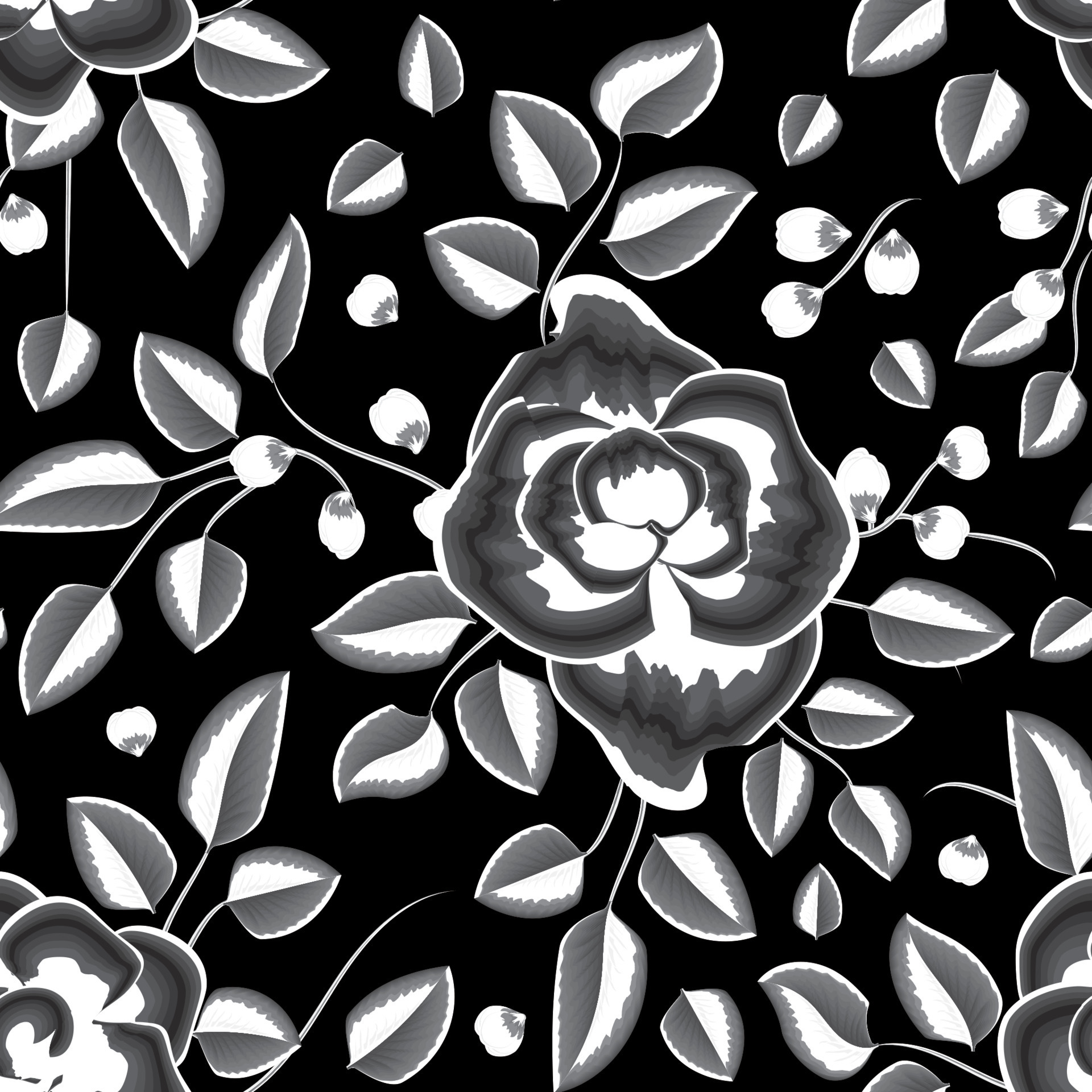 black and white monochromatic tropical floral seamless pattern on dark